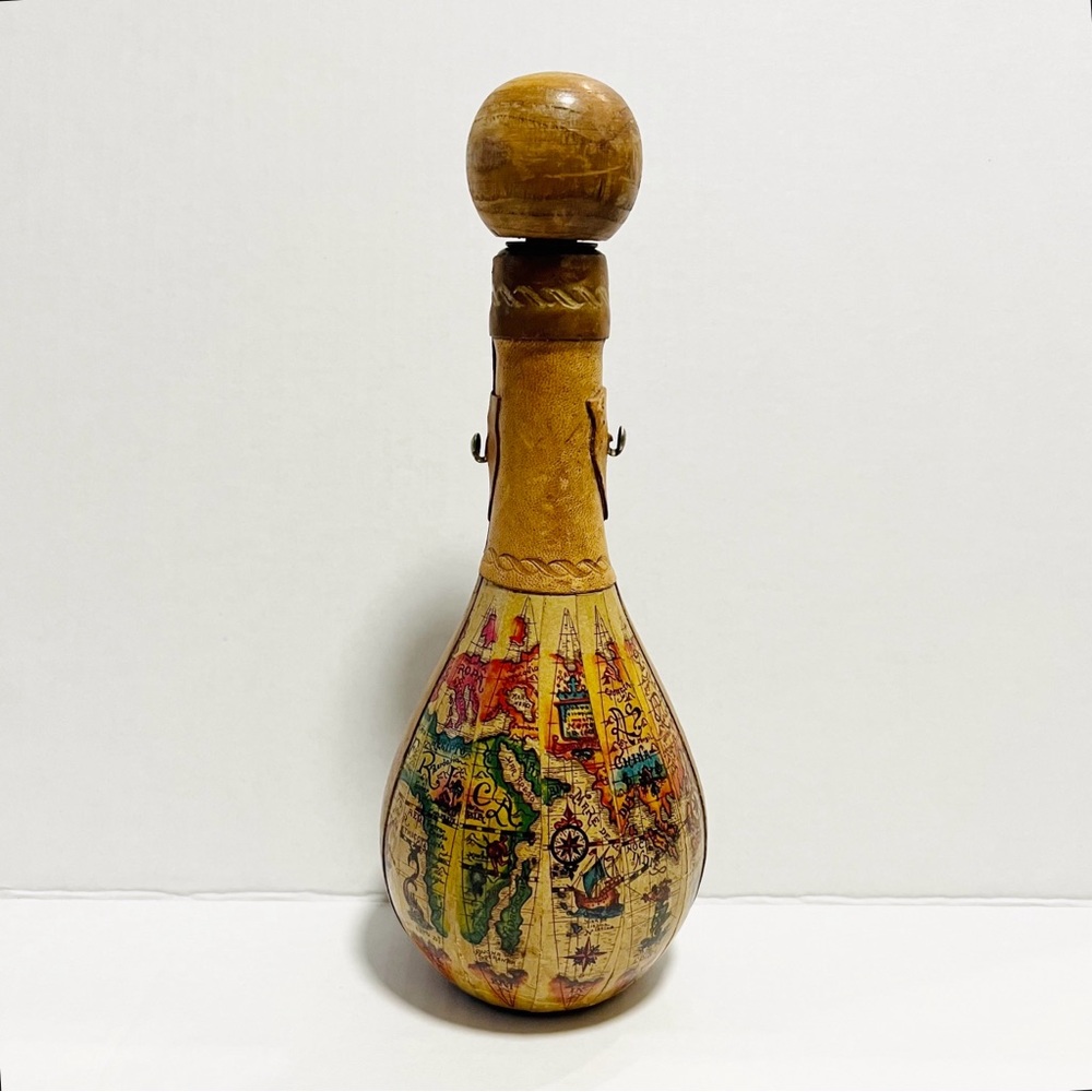 Vintage Leather Covered  Decanter With World Map Father’s Day Gift